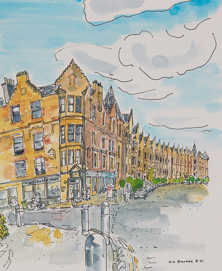 A watercolour by Oliver Brookes of Warrander Park road