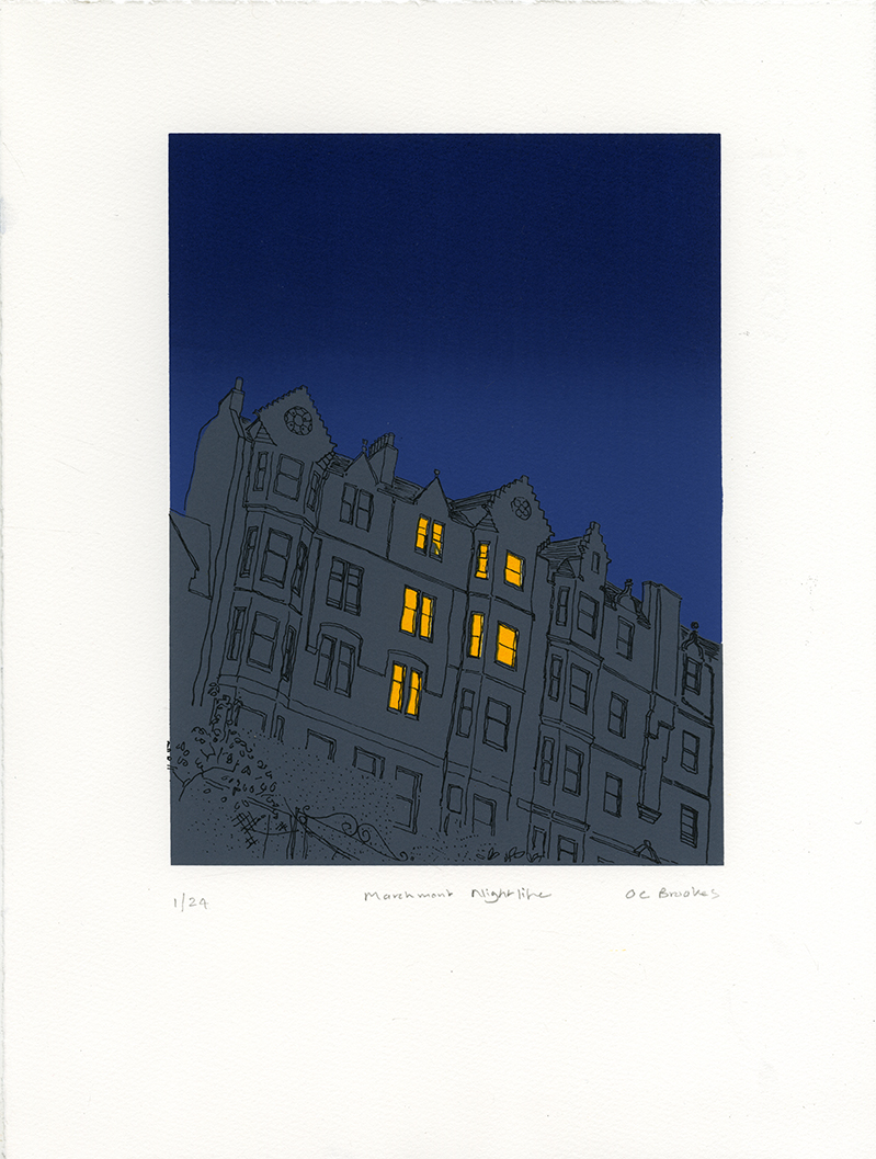 Grey blue and orange screenprint of Marchmont Crescent at night by Oliver Brookes