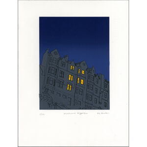 Grey blue and orange screenprint of Marchmont Crescent at night by Oliver Brookes