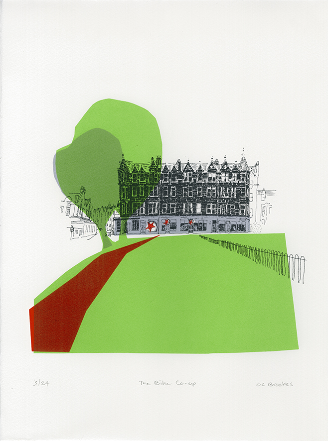Screenprint in four colours of Edinburgh Bike Co-op