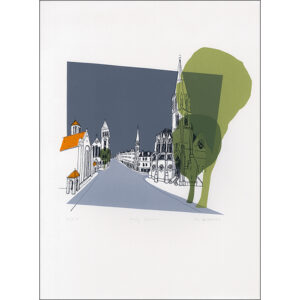 Screenprint in grey and orange of Holy Corner edinburgh, by Oliver Brookes